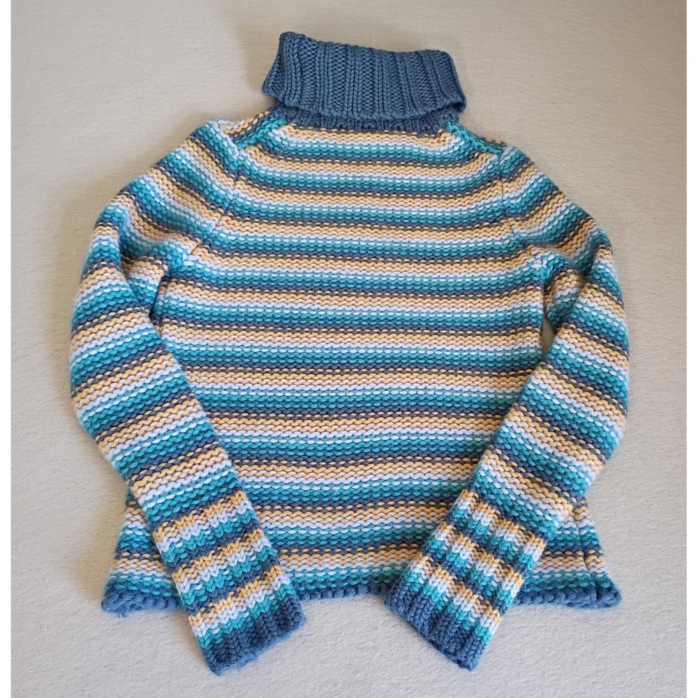 Vintage Y2K Gap Turtleneck Striped Wool Blend Blue Tan Sweater Size Small